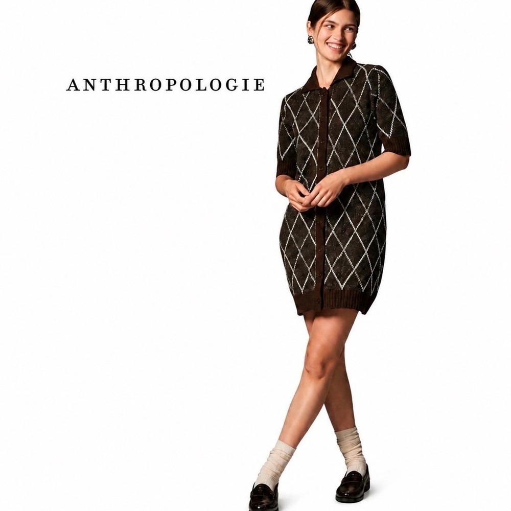 Anthropologie Brown‎ Argyle Button Front Polo Mini Dress M